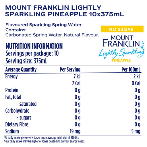 Mount Franklin Lightly Sparkling Water Pineapple Multipack Cans 10 x 375mL  Mount Franklin