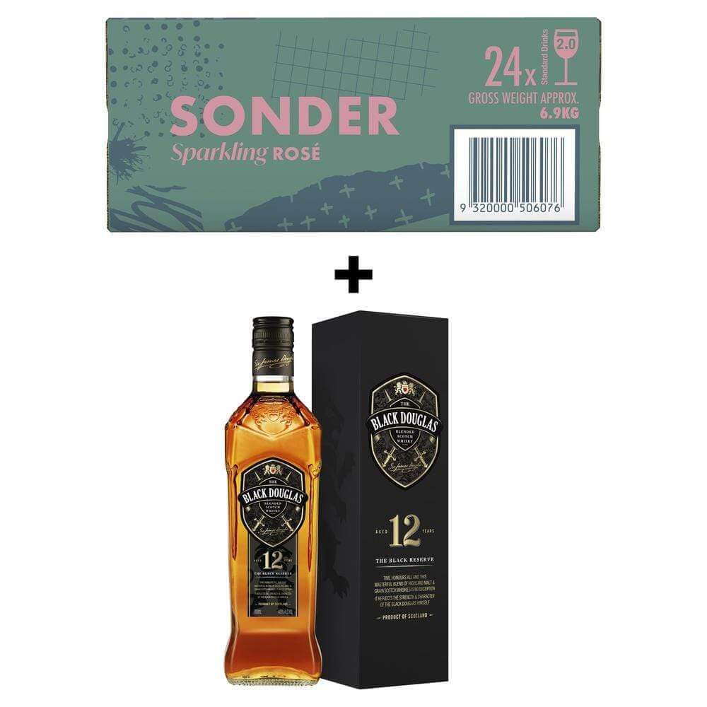 Bundle Sonder Wine Sparkling Rose 24 x 250ml Cans & Black Douglas 12YO scotch bottle