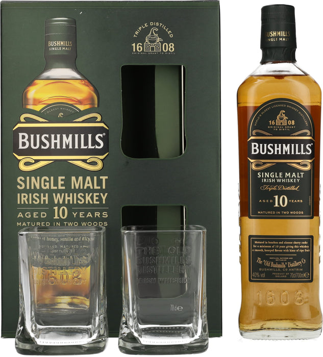 Bushmills 10 Year Old + 2 Glasses Gift Pack Single Malt Irish Whiskey 700mL  Bushmills