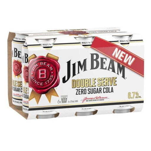 Jim Beam White Double Serve Zero Sugar Cola Bourbon Whiskey 375 ml (Pack of 6)  Jim Beam