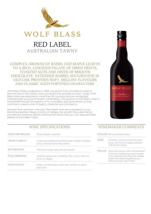 Wolf Blass Red Label Reserve Australian Tawny Port Style NV Wine 750ml  Wolf Blass