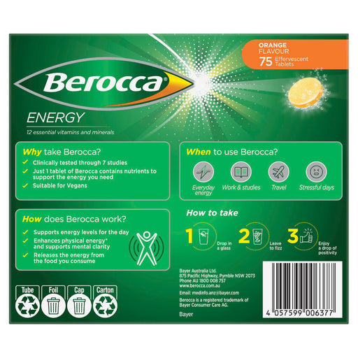 Berocca Energy Vitamin with 12 Essential Vitamins and Minerals to Help Support Physical Energy and Mental Sharpness, Orange Flavour, 75 Effervescent Tablets  Visit the Berocca Store