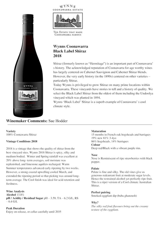 Wynns Black Label Shiraz Premium Wine 2013 (Single Bottle x1), 750 ml  Wynns